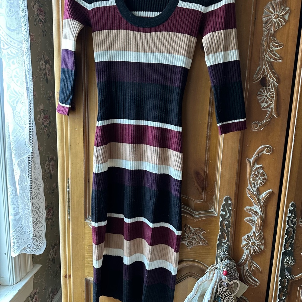Trina Turk Black, camel and Burgundy Ribbed Sheath Dress